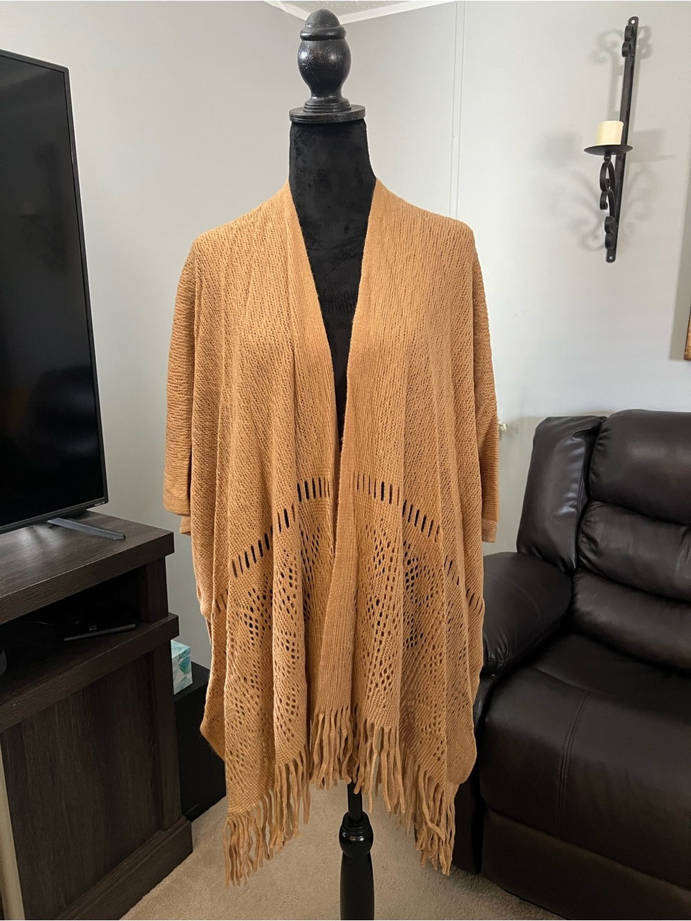 Nine West Camel Fringe Open-Knit Poncho